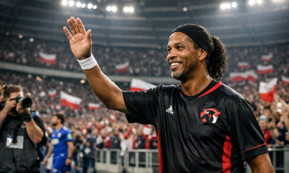 Ronaldinho w czarnej koszulce Samurai Team wita polskich kibiców na Stadionie Śląskim podczas Galacticos Show 2026 w Chorzowie, w tle tłum z biało‑czerwonymi flagami