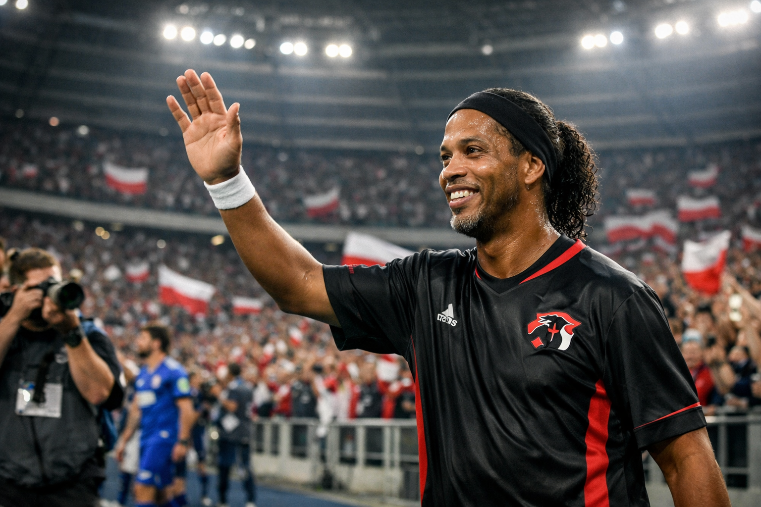Ronaldinho w czarnej koszulce Samurai Team wita polskich kibiców na Stadionie Śląskim podczas Galacticos Show 2026 w Chorzowie, w tle tłum z biało‑czerwonymi flagami