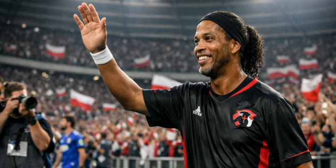 Ronaldinho w czarnej koszulce Samurai Team wita polskich kibiców na Stadionie Śląskim podczas Galacticos Show 2026 w Chorzowie, w tle tłum z biało‑czerwonymi flagami