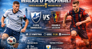 Grafika meczowa przedstawiająca starcie Flota Świnoujście vs Pogoń II Szczecin o półfinał Toyota Kozłowski Pucharu Polski.