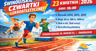 Świnoujskie Czwartki Lekkoatletyczne 2026 – plakat zawodów sportowych dla dzieci na Stadionie Miejskim w Świnoujściu, organizator OSiR „Wyspiarz”
