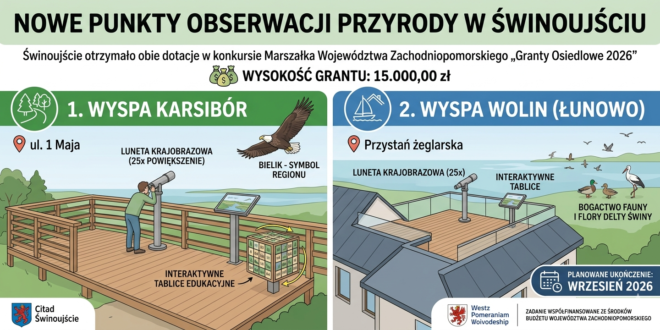 Widok na Deltę Świny w Świnoujściu, w tle luneta krajobrazowa do obserwacji ptaków i tablica edukacyjna