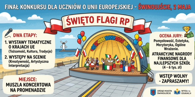 Finał szkolnego konkursu o krajach Unii Europejskiej w Muszli Koncertowej na Promenadzie w Świnoujściu – obchody Święta Flagi RP