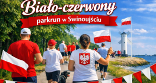 Uczestnicy parkrun Świnoujście podczas majówkowego biegu z biało‑czerwonymi akcentami