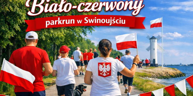 Uczestnicy parkrun Świnoujście podczas majówkowego biegu z biało‑czerwonymi akcentami