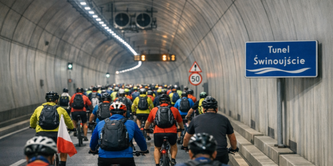 Duża grupa rowerzystów przejeżdża przez Tunel Świnoujście podczas 15. Rajdu Rowerowego Dookoła Zalewu Szczecińskiego – kolorowa kolumna uczestników w kaskach i kurtkach, zabezpieczona przez służby miejskie.