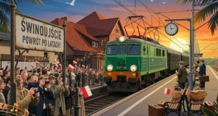 Zabytkowy pociąg retro na stacji kolejowej w Świnoujściu w otoczeniu mieszkańców.