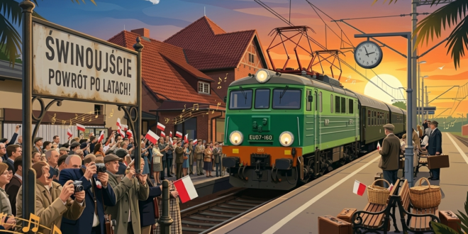 Zabytkowy pociąg retro na stacji kolejowej w Świnoujściu w otoczeniu mieszkańców.