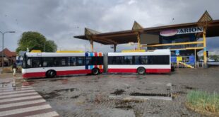 Autobus przegubowy przewożący pasażerów i rowery na przeprawie promowej w Świnoujściu