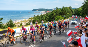 Peleton kolarzy szosowych pędzący nadbałtycką trasą na Pomorzu Zachodnim podczas wyścigu Tour de Pologne.