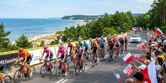 Peleton kolarzy szosowych pędzący nadbałtycką trasą na Pomorzu Zachodnim podczas wyścigu Tour de Pologne.