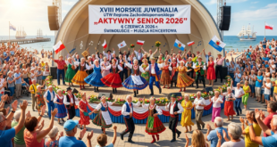 Kolorowy korowód seniorów idący promenadą w Świnoujściu podczas XVIII Morskich Juwenaliów UTW Aktywny Senior 2026.