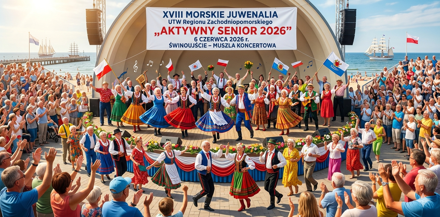 Kolorowy korowód seniorów idący promenadą w Świnoujściu podczas XVIII Morskich Juwenaliów UTW Aktywny Senior 2026.
