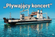 Grafika w stylu komiksowym retro przedstawiająca prom Karsibór na wodzie z dużym napisem Pływający koncert