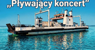 Grafika w stylu komiksowym retro przedstawiająca prom Karsibór na wodzie z dużym napisem Pływający koncert