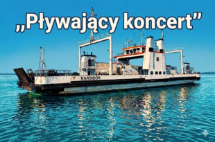 Grafika w stylu komiksowym retro przedstawiająca prom Karsibór na wodzie z dużym napisem Pływający koncert
