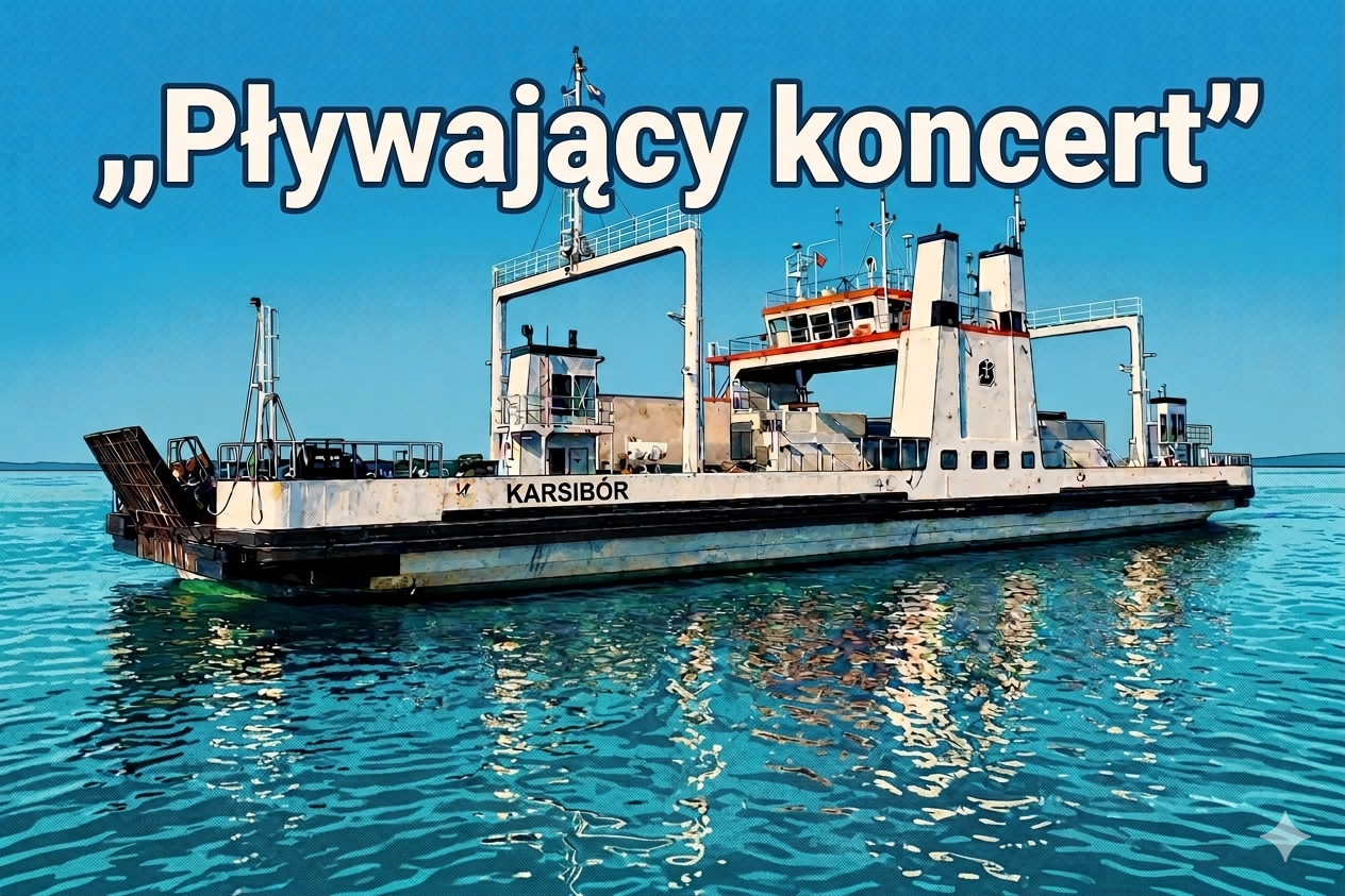 Grafika w stylu komiksowym retro przedstawiająca prom Karsibór na wodzie z dużym napisem Pływający koncert