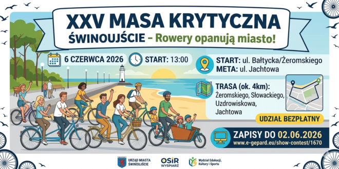 Rowerzyści biorący udział w jubileuszowej XXV Masie Krytycznej na ulicach Świnoujścia.
