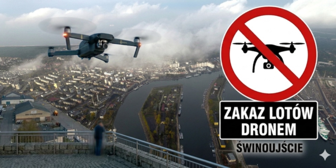 Nowoczesny dron unoszący się w powietrzu na tle zablokowanej czerwonym znakiem zakazu panoramy portu w Świnoujściu.