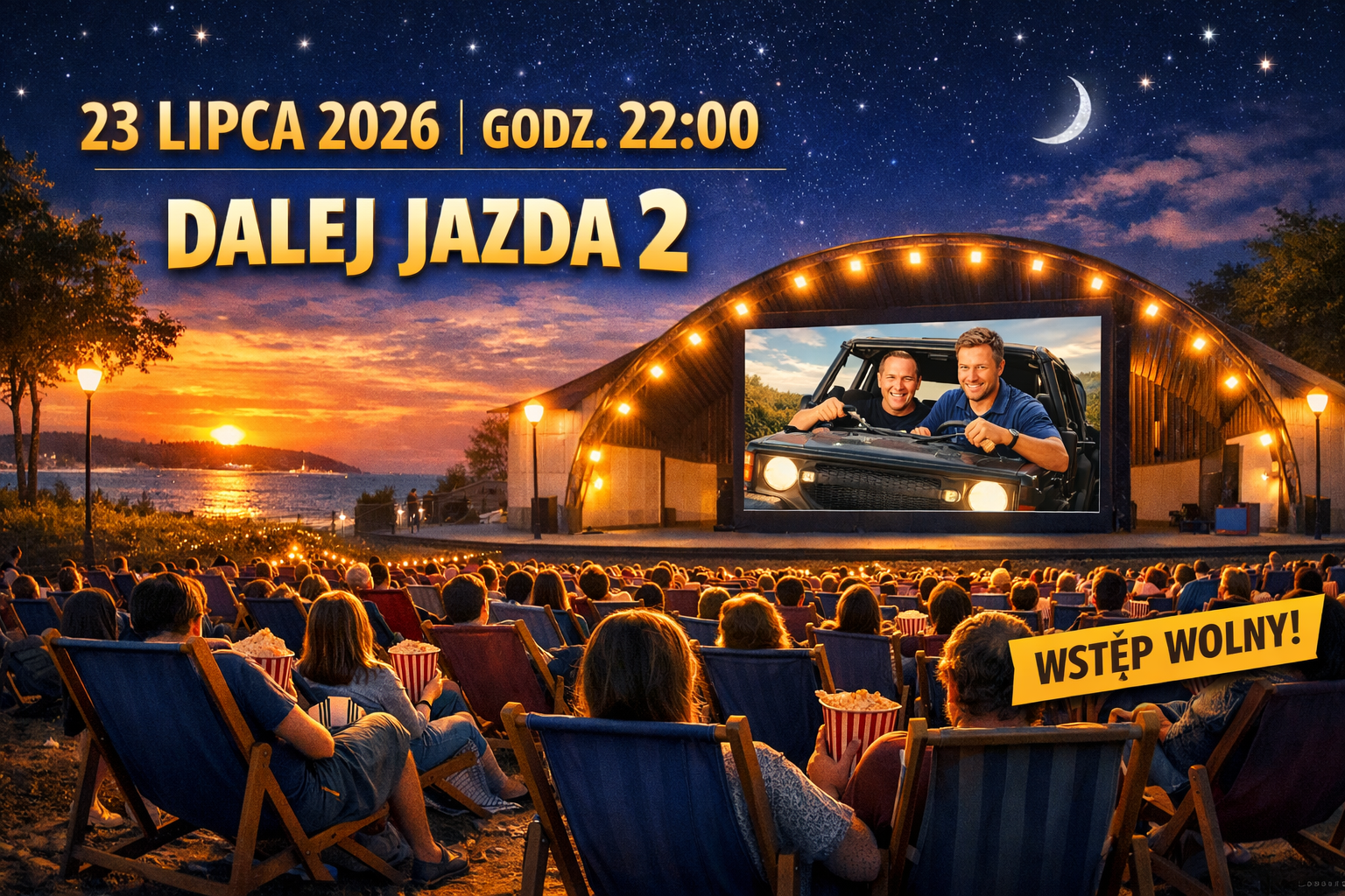 Kino na Leżakach w Świnoujściu podczas wieczornego seansu plenerowego.