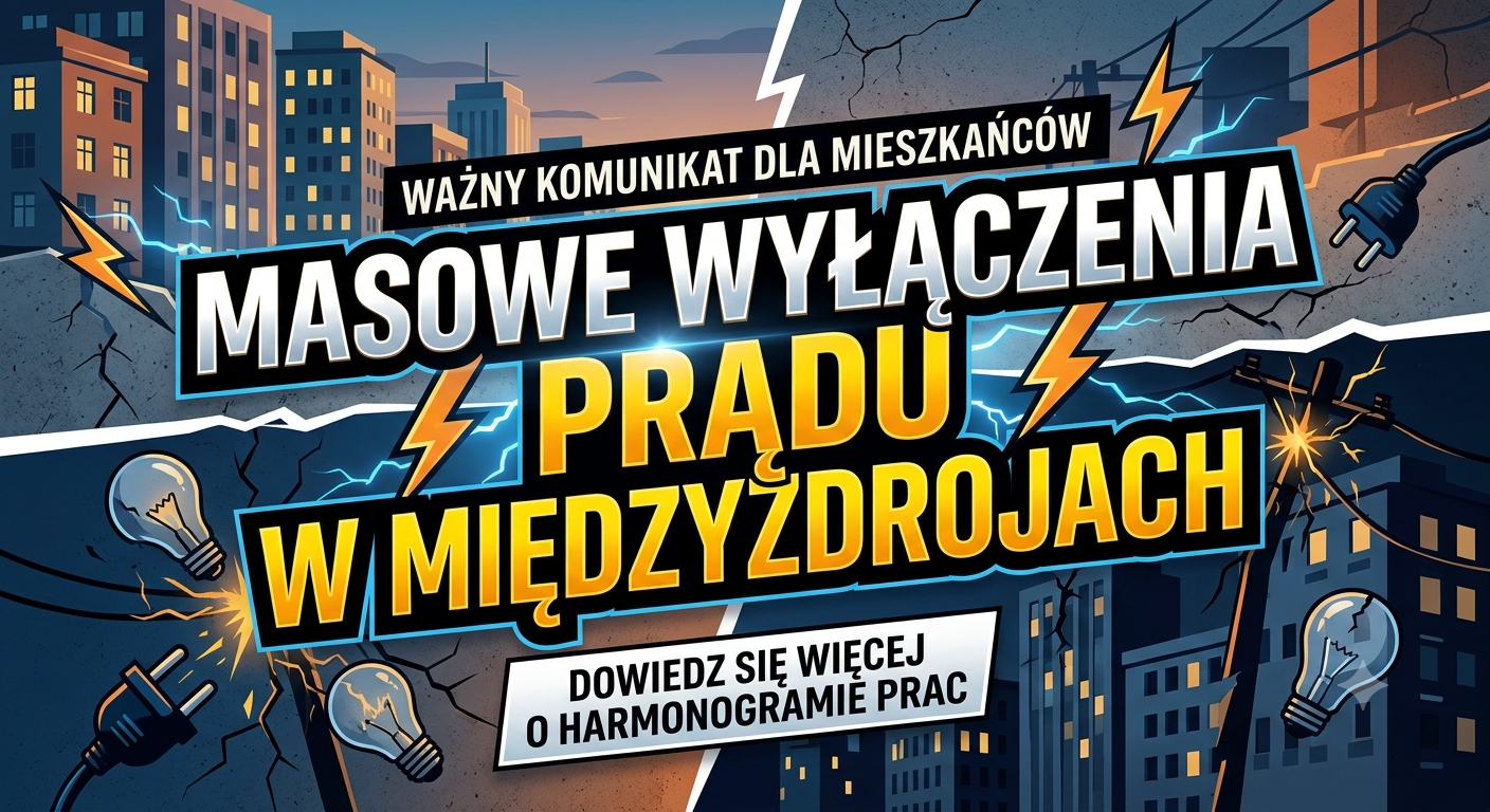 Prace konserwacyjne na liniach energetycznych, technik Enea na podnośniku naprawiający sieć elektryczną.