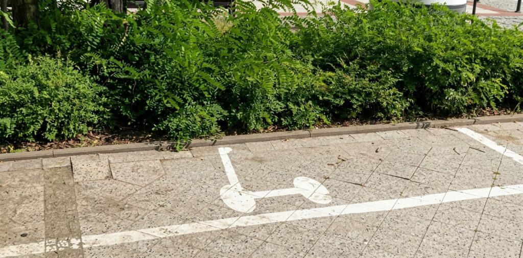 Wyznaczone linie i znak pionowy określające miejsce do parkowania hulajnóg elektrycznych na chodniku w Świnoujściu.
