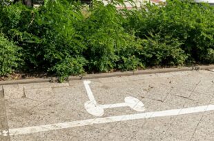 Wyznaczone linie i znak pionowy określające miejsce do parkowania hulajnóg elektrycznych na chodniku w Świnoujściu.