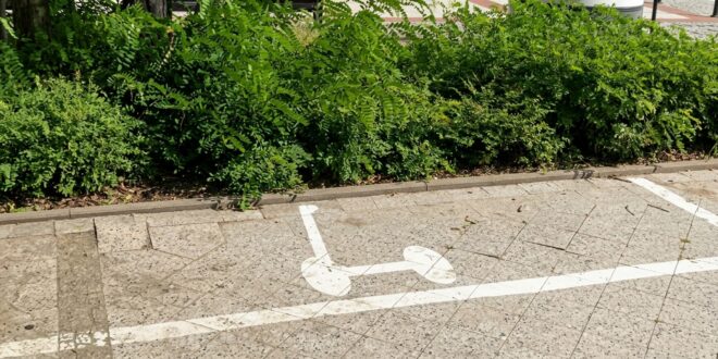 Wyznaczone linie i znak pionowy określające miejsce do parkowania hulajnóg elektrycznych na chodniku w Świnoujściu.