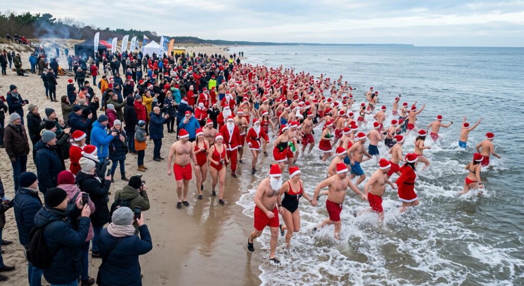 Morsujący Mikołajowie w czerwonych czapkach wchodzący do zimnego Bałtyku na plaży w Świnoujściu