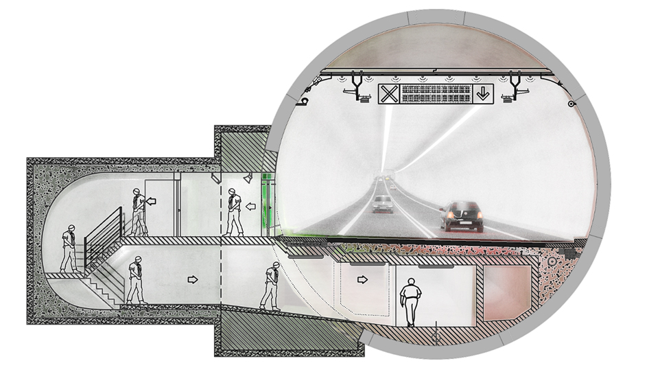 Tunel pod Świną 8 Przekrój poprzeczny tunelu z osią jezdni i kanałem ewakuacyjnym. Źródło: Mapa dotacji